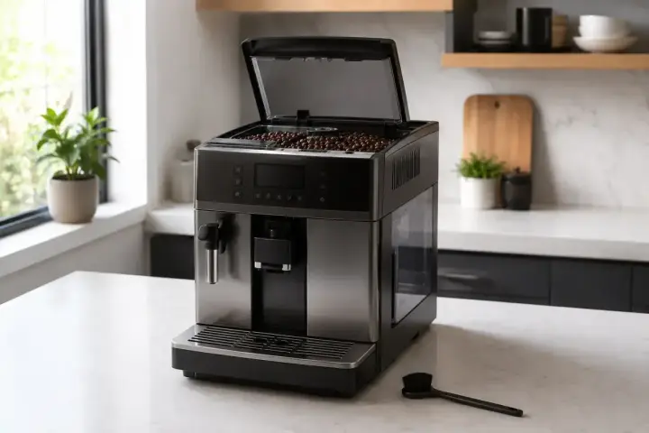 Automatyczny ekspres DeLonghi Dinamica z otwartą klapą na ziarna kawy. Obok szczoteczka do czyszczenia, przydatna, gdy zastanawiasz się, jak wyczyścić młynek do kawy w ekspresie.