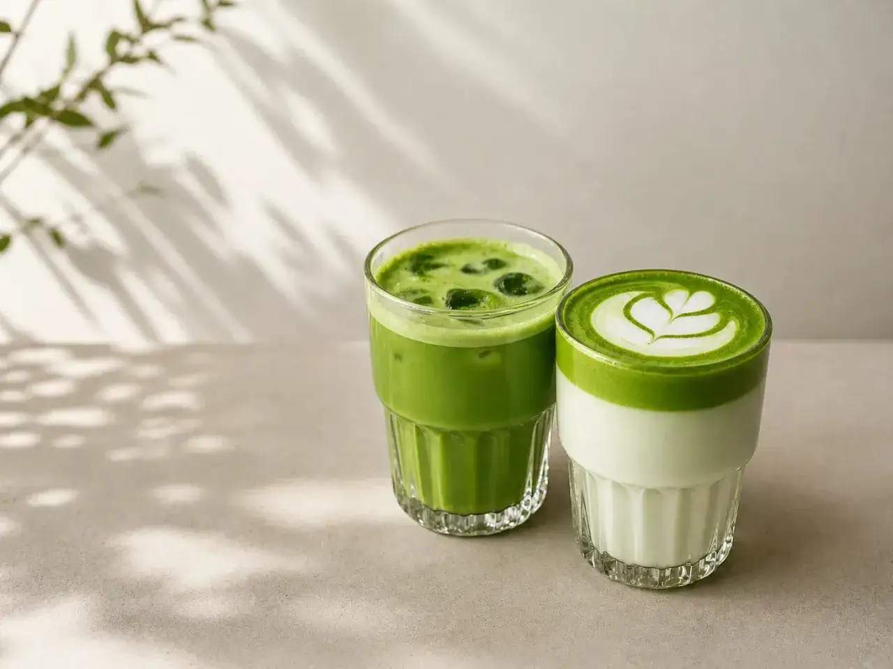Dwa orzeźwiające napoje: jeden z kostkami lodu, drugi z pianką i wzorem serca. Idealny matcha latte na letni dzień.