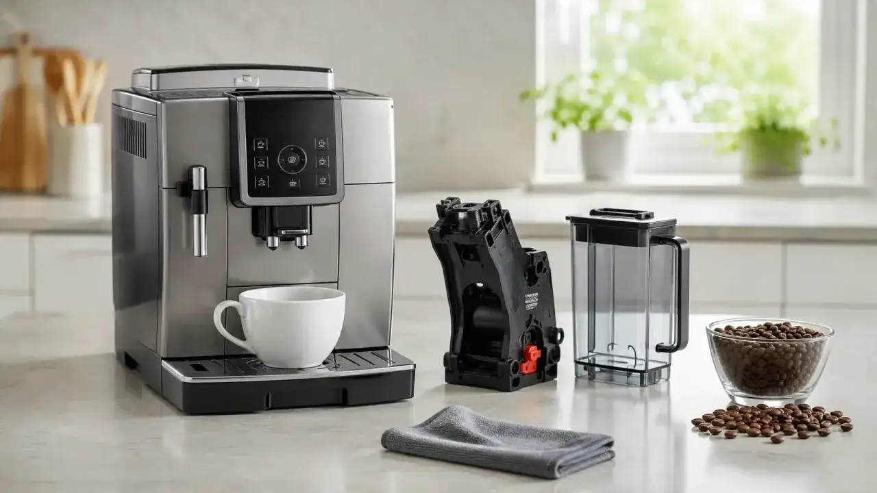 Ekspres DeLonghi z zaparzoną, wodnistą kawą. Obok zaparzacz, pojemnik na wodę i ziarna kawy.