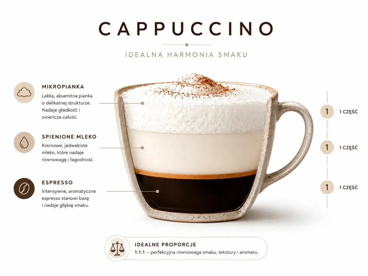 Jak zrobić cappuccino: przekr&oacute;j kubka pokazuje idealne proporcje espresso, mleka i pianki. Idealna harmonia smaku.